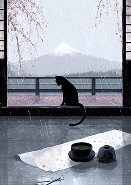 Black Cat, Tea, and Rainy View