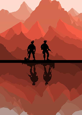 Soldiers in Silhouette with Mountain Backdrop