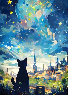 Cat Gazing at Starry Cityscape