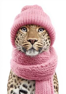 Cozy Leopard in Pink Hat and Scarf