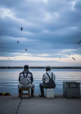 Two Japanese Fishermen by the Sea