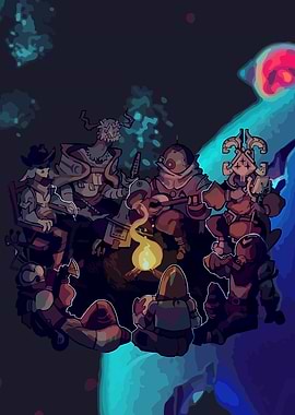 Fantasy Characters Around Campfire Illustration