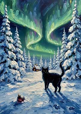 Black Cat Winter Aurora Painting