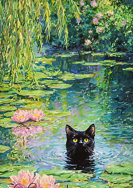 Black Cat in Monet's Lily Pond