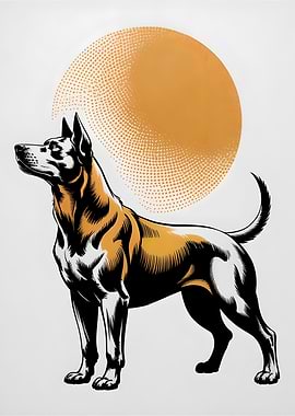 Dog Illustration with Golden Sun
