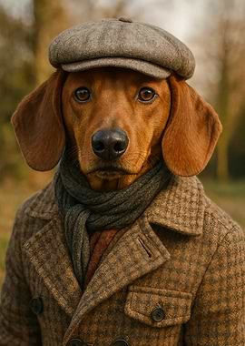 Dachshund in Tweed Coat and Cap