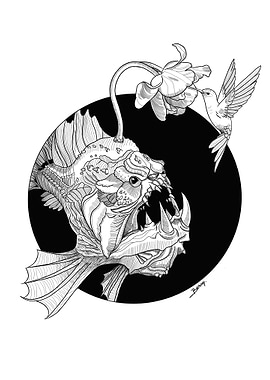 Lantern fish, humming-bird and flower illustration