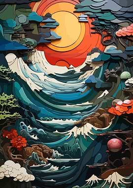 Japanese Landscape with Waves and Sun