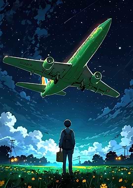 Boy watching green airplane fly