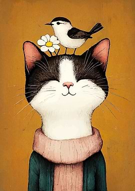 Cat with Bird and Flower