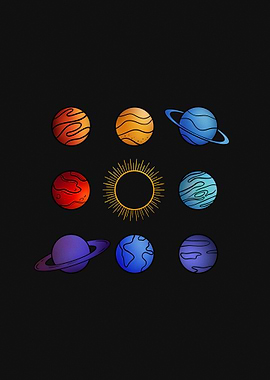 Planets and Sun on Black Background