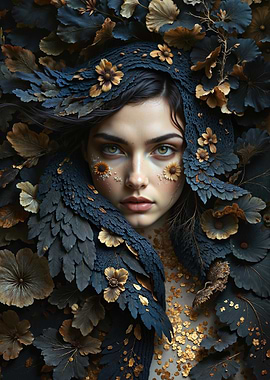 Woman with Floral and Leaf Adornments