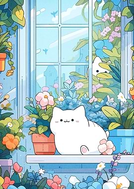 Cute Cat with Flowers by Window
