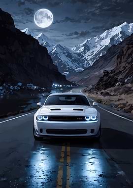 White Car on Mountain Road at Night