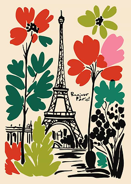 Bonjour Paris Floral Eiffel Tower Art