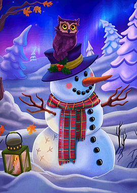 Snowman with Owl in Winter Landscape