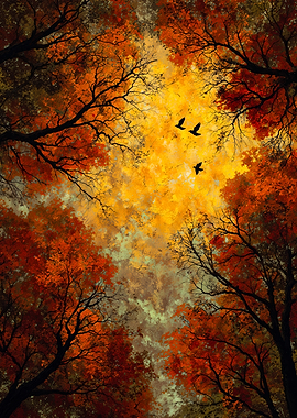 Autumn Forest: Birds in Golden Sky