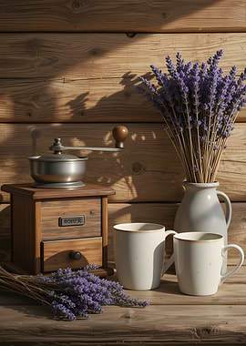 Lavender, Coffee Grinder, and Mugs Still Life