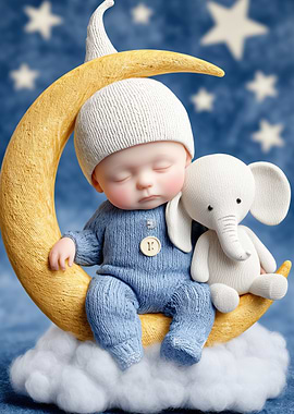 Sleeping Baby on Moon with Elephant