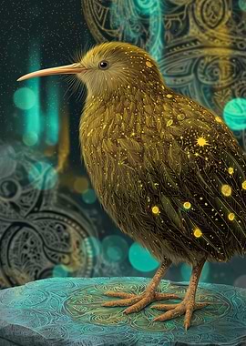 Golden Kiwi Bird with Starry Feathers