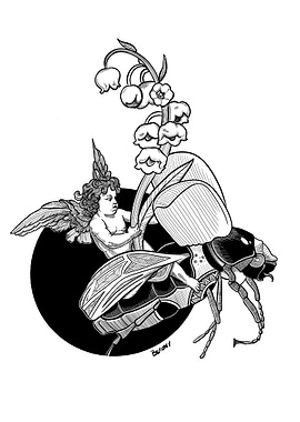 Little angel riding a beetle with lily of the valley