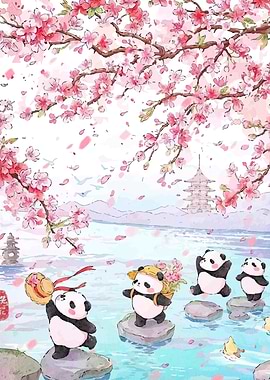 Pandas under Cherry Blossoms