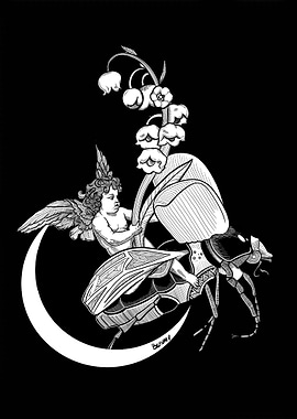 Cupid riding a beetle on moon