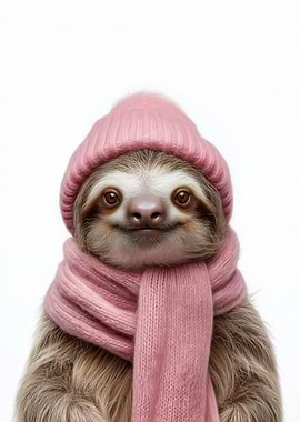 Cozy Sloth in Pink Hat and Scarf