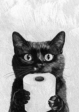 Black Cat Holding Toilet Paper – Funny Bathroom Wall Art