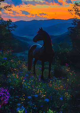 Horse in a field of flowers