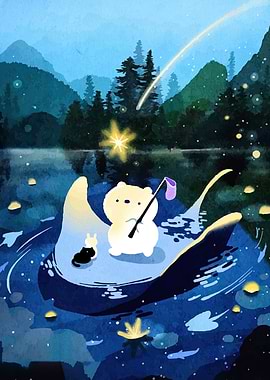 Bear and Cat on Moon Boat