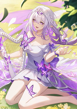 Girl with Harp and Butterflies