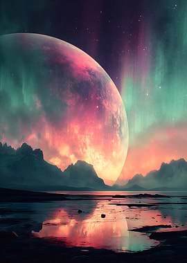 Pink Planet Landscape with Aurora