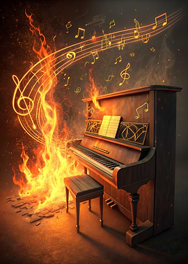 Burning Piano with Musical Notes