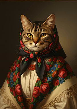 Babushka Cat – Folk Portrait in Traditional Scarf