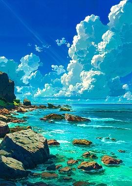 Coastal Landscape with Rocks and Clouds