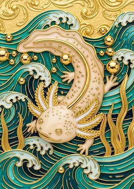 Axolotl in Golden Ocean Waves