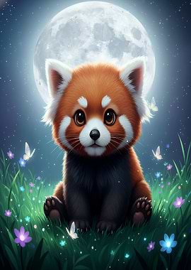 Cute Red Panda Under Moonlight