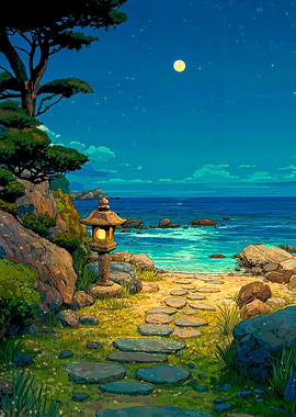 Japanese Garden by the Sea at Night