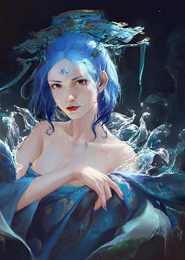 Blue-haired woman with ornate headdress