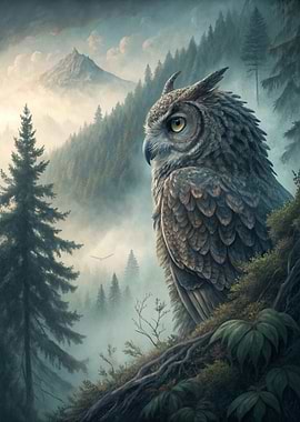 Owl in Misty Forest Landscape
