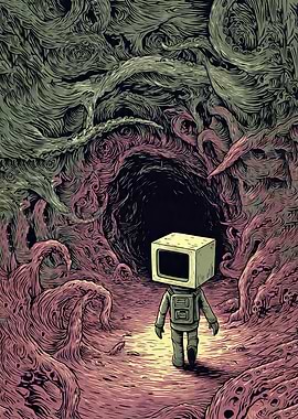 TV Head Astronaut in Alien Cave