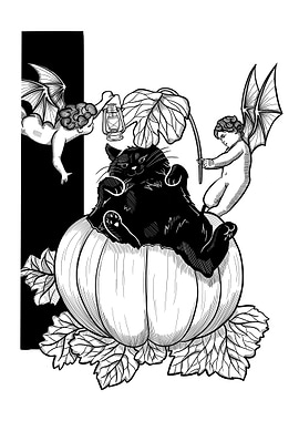 Black Cat in Pumpkin with Cherubs