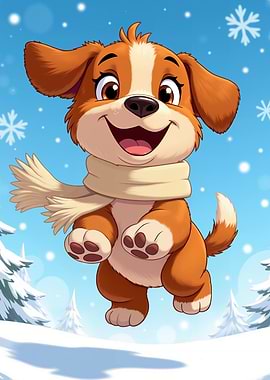 Happy Puppy Jumping in the Snow in Winter Wonderland
