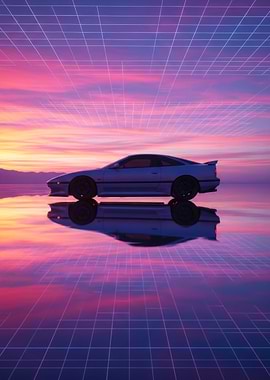 Retro Car on Grid with Sunset