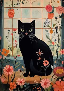 Black Cat in Floral Window Painting