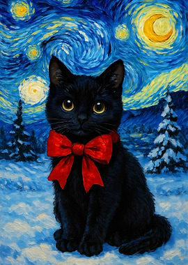 Starry Night Black Cat Painting
