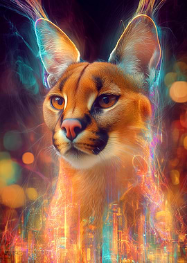 Caracal Cat with Cityscape Aura