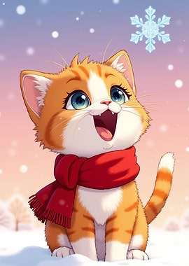 Cute Winter Kitten Watching a Snowflake
