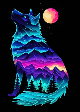 Neon Wolf Landscape Silhouette
